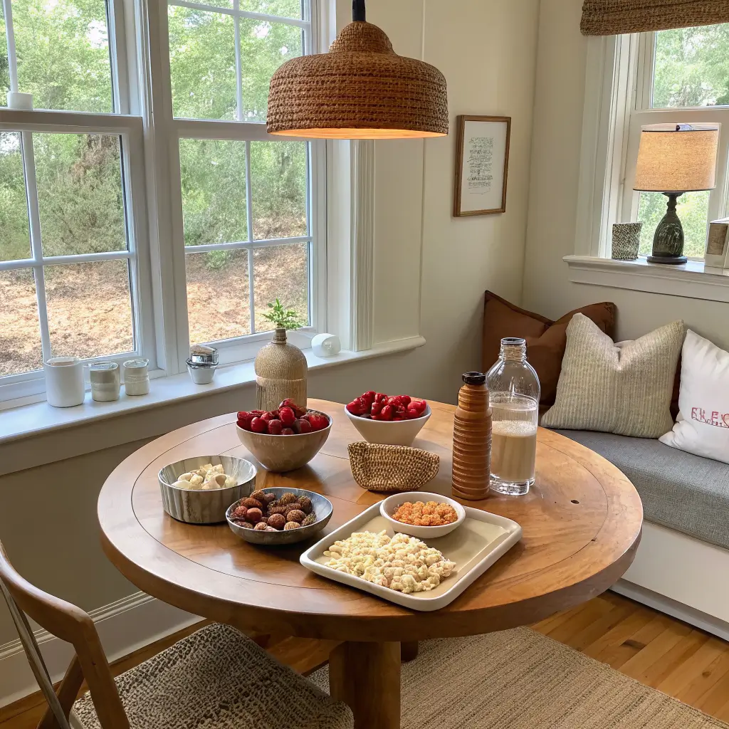 Japandi-style kitchen nook with oak table set with snack bowls and open bento boxes in warm golden window light.