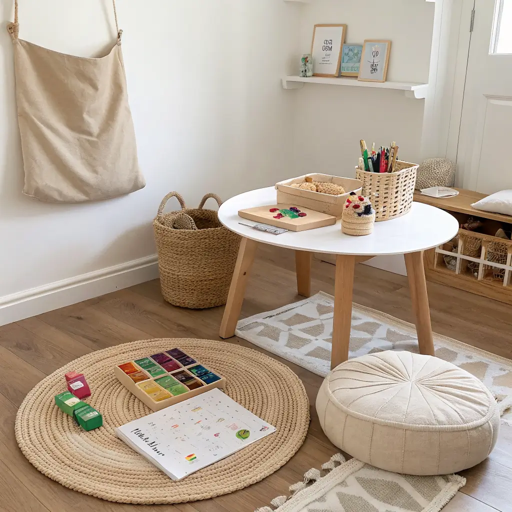Overhead view of a minimal Japandi children’s play corner with a round oak table of coloring and sticker books, chunky crayons, wooden fidgets, a zip pouch, a bouclé floor cushion, and a seagrass basket on a jute rug in bright daylight.