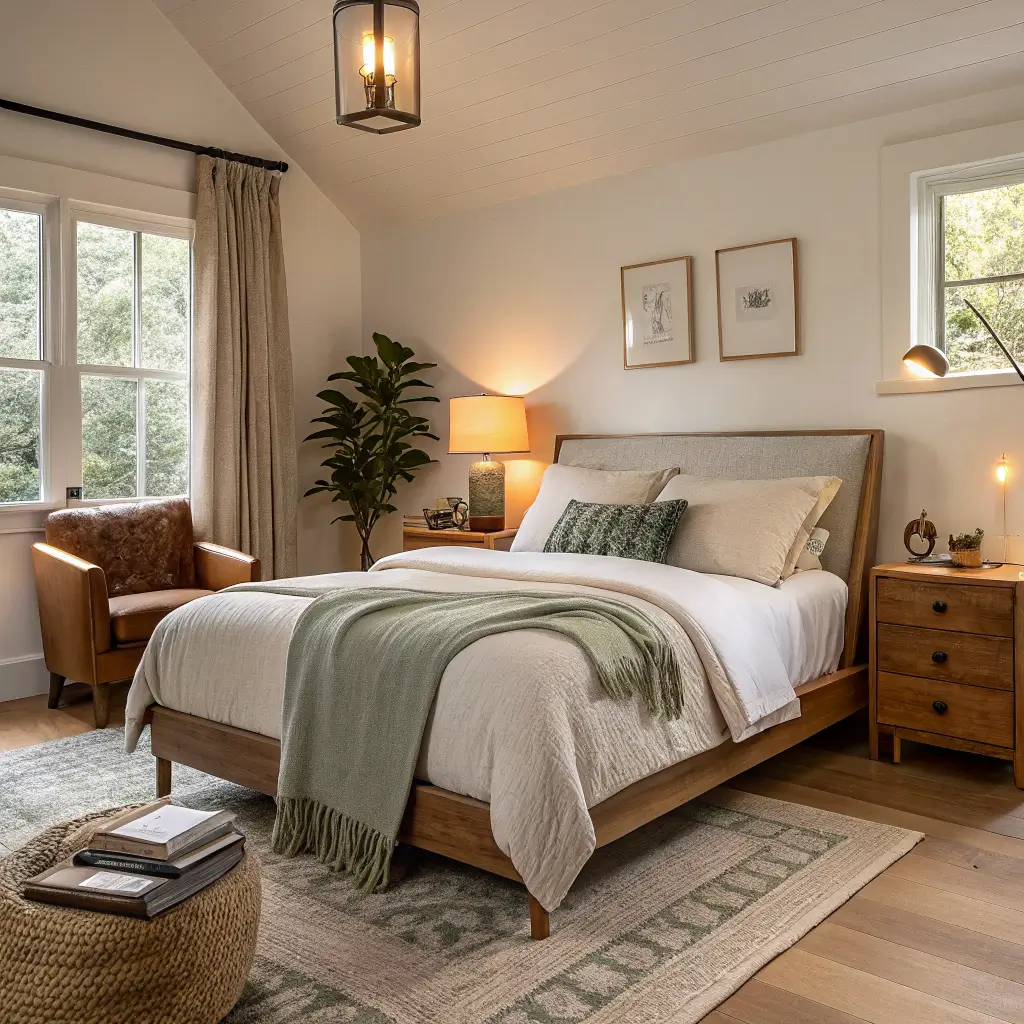 Japandi-style primary bedroom at night with warm lamp glow, oak platform bed in oatmeal linens, passport pouch and travel items on nightstand, and folded travel outfit on a cane chair.