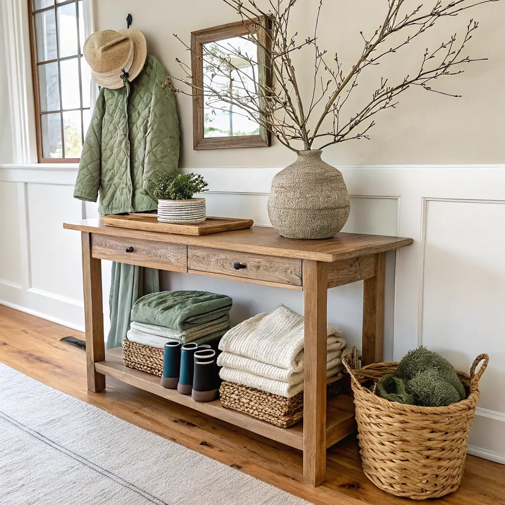 Winter travel prep entryway vignette with oak console, sage knit sweaters, wool socks, ivory hat, basket of blankets, terracotta vase with bare branches, and child’s oatmeal puffer on brass hooks.