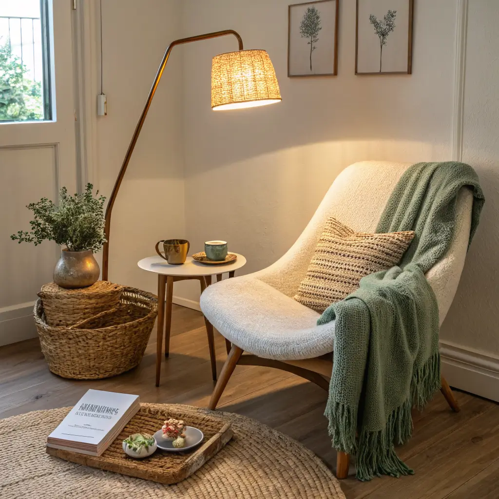 Cozy Japandi reading corner with bouclé chair, sage throw, oak side table with mug and children’s items, rattan lamp, and seagrass basket in warm evening light.
