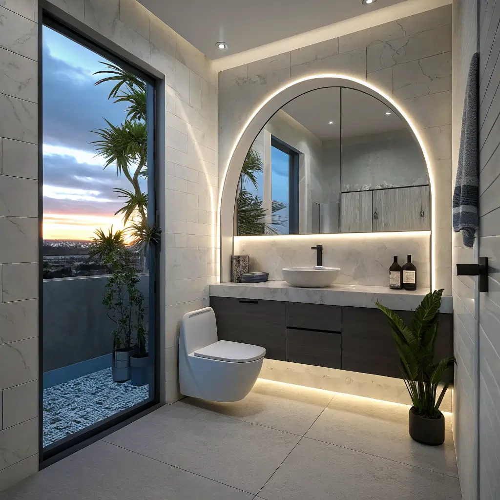 Photorealistic sci-fi powder room with arched entry, curved white acrylic floating vanity, matte black wall-hung toilet, blue LED accents, and charcoal tile floor.