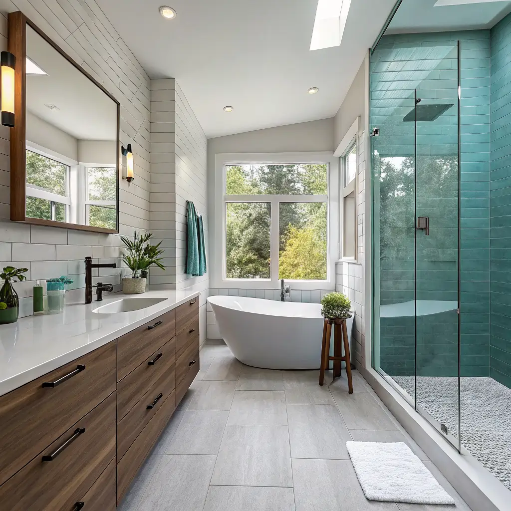 Photorealistic smart wellness bathroom with floating vanity, frameless curbless glass shower with teal chromotherapy, and matte charcoal freestanding tub in cool gray and ice-white palette.