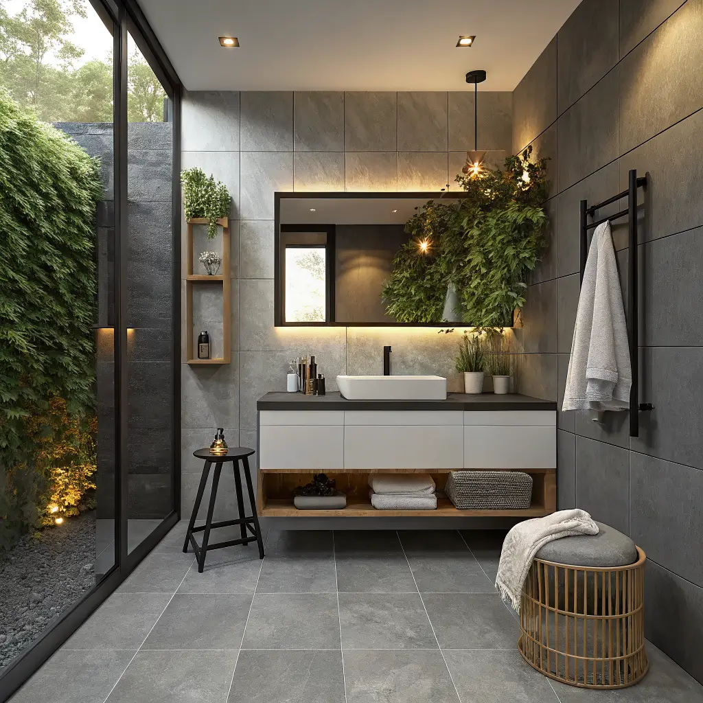 Photorealistic biophilic futuristic bathroom with floating matte-black vanity, amber LED underglow on charcoal stone floor, backlit round mirror, and trailing pothos plant in recessed cabinet at dusk.