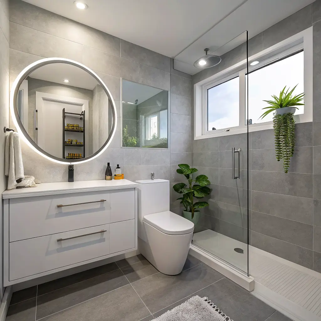 Photorealistic small urban bathroom with floating ice-white vanity, wall-hung toilet, frameless glass shower, cool gray tiles, backlit oval mirror, and snake plant, shot ultra-wide from doorway.
