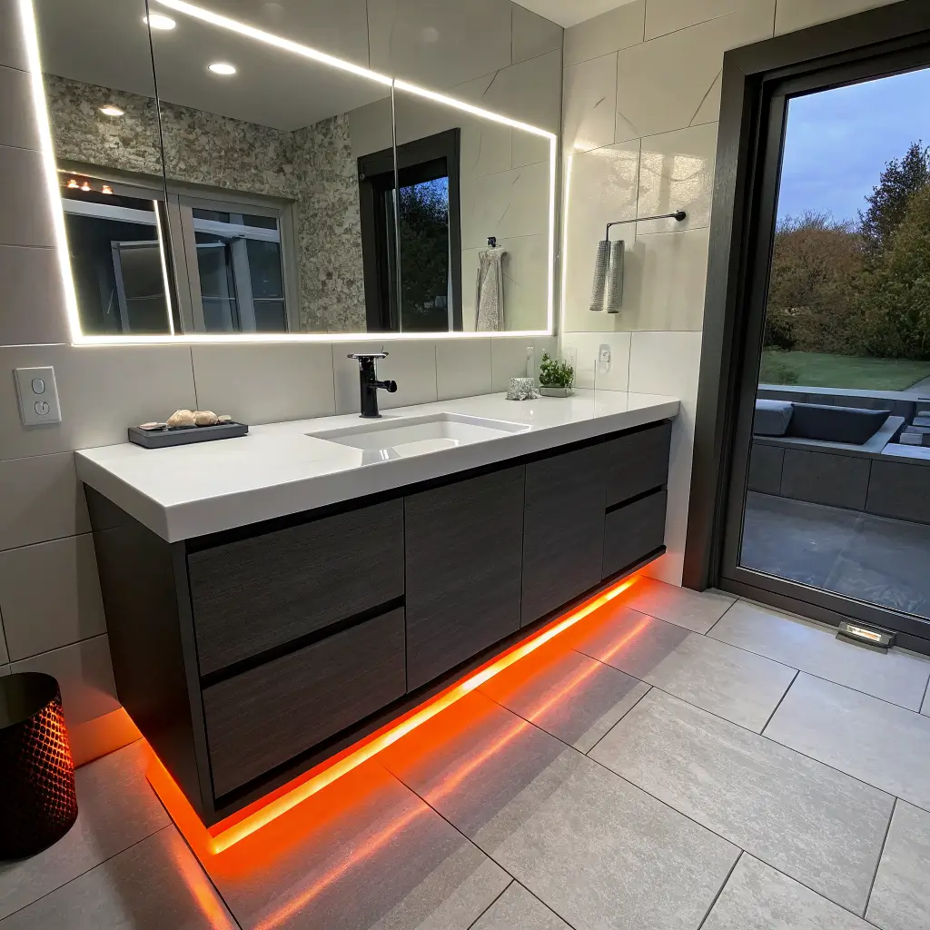 Photorealistic futuristic bathroom vanity with ice-white counter, charcoal cabinet, chrome faucet, and atomic orange LED underglow on cool gray porcelain tile.