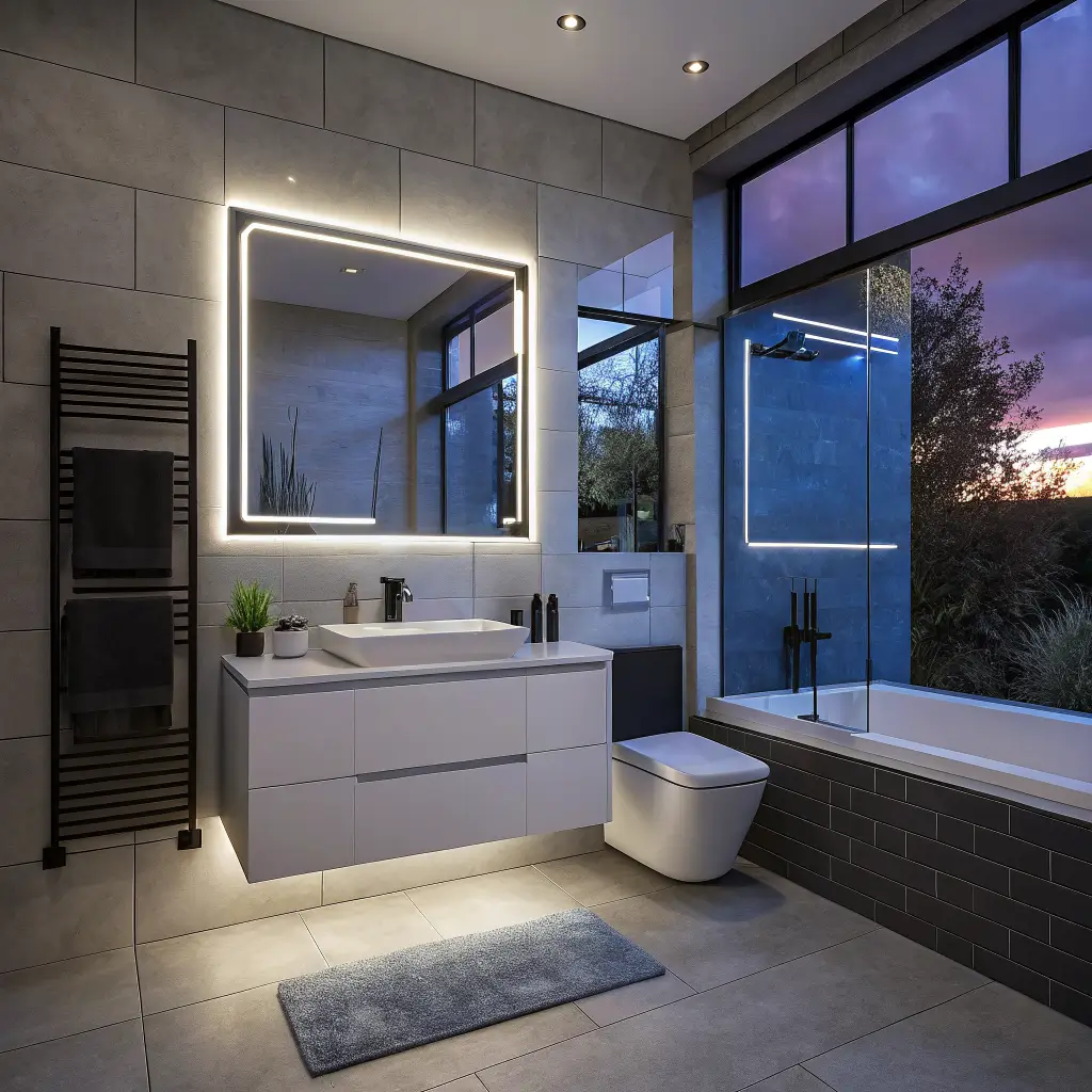 Photorealistic blue-hour bathroom with floating ice-white vanity and cool LED underglow, glowing smart mirror, matte black wall-hung toilet, frameless glass shower with violet chromotherapy light, and a trailing philodendron.