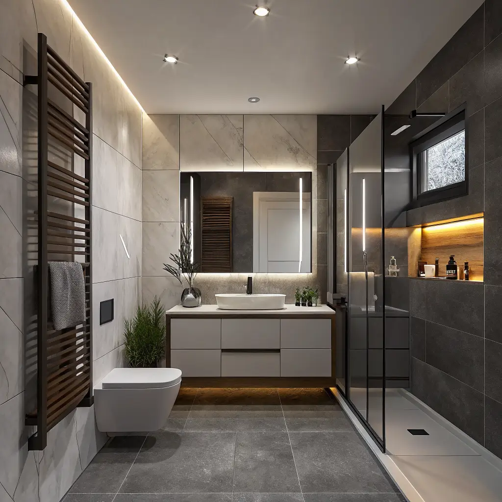Photorealistic modern bathroom at night showing four lighting zones: dim 2700K recessed ceiling LEDs, vanity sconces around a backlit mirror, cool under-vanity LED glow, and warm amber shower niche strip lighting amid ice-white tile and matte black hardware.