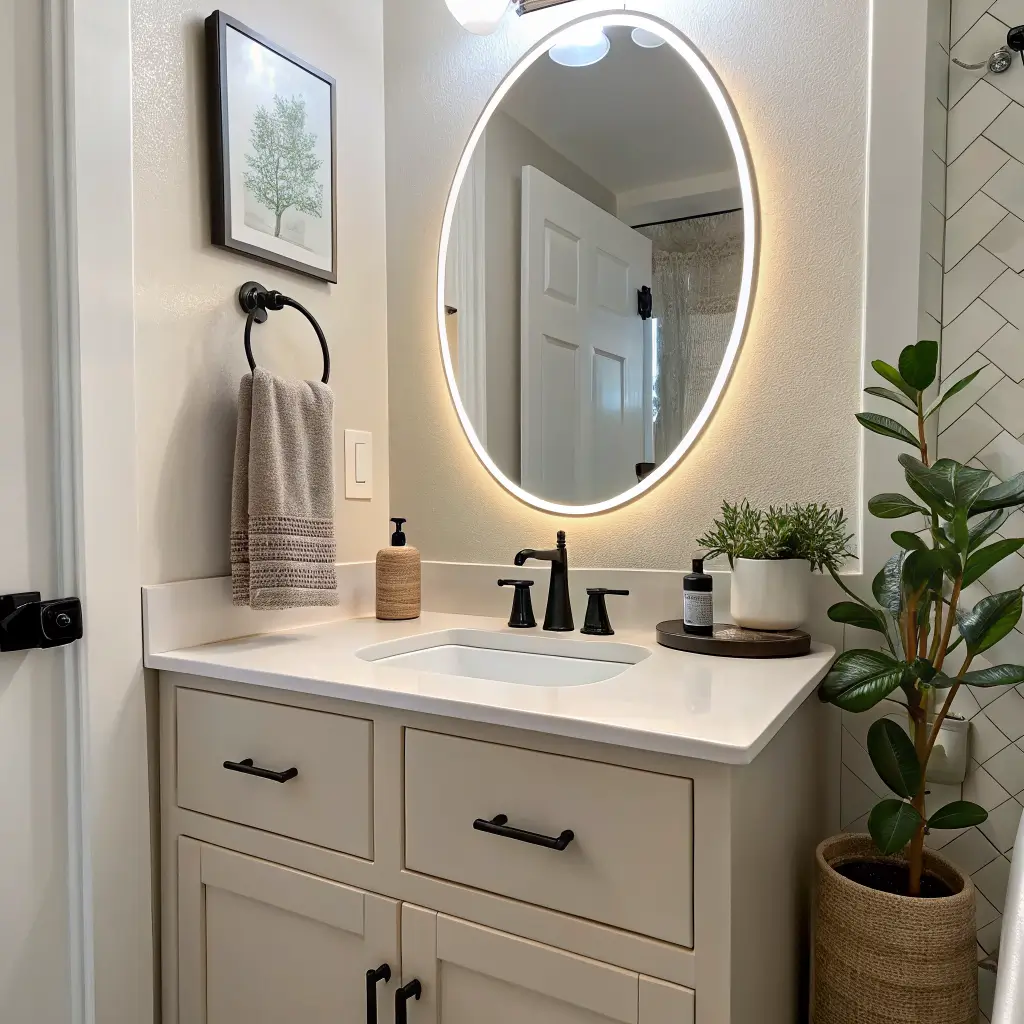 Photorealistic small renter-friendly bathroom refresh with matte black peel-on faucet, oval backlit LED mirror, cool white toe-kick LED glow, brass tray with acrylic dispensers, pothos plant, and framed line art above white subway tile.