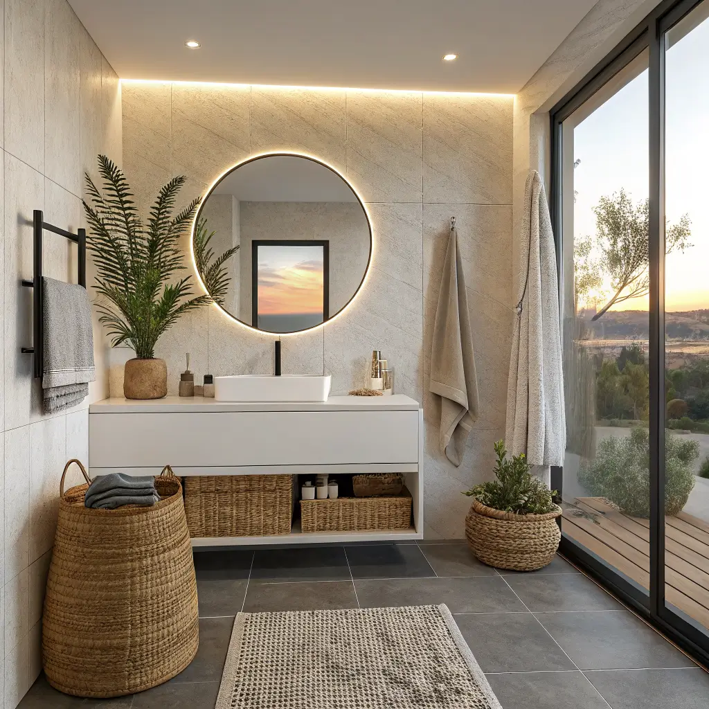 Photorealistic boho-futuristic bathroom with floating ice-white vanity, LED underglow, matte black faucet, backlit round mirror, charcoal floor, linen curtain, seagrass towels, and terracotta pothos in warm golden light.