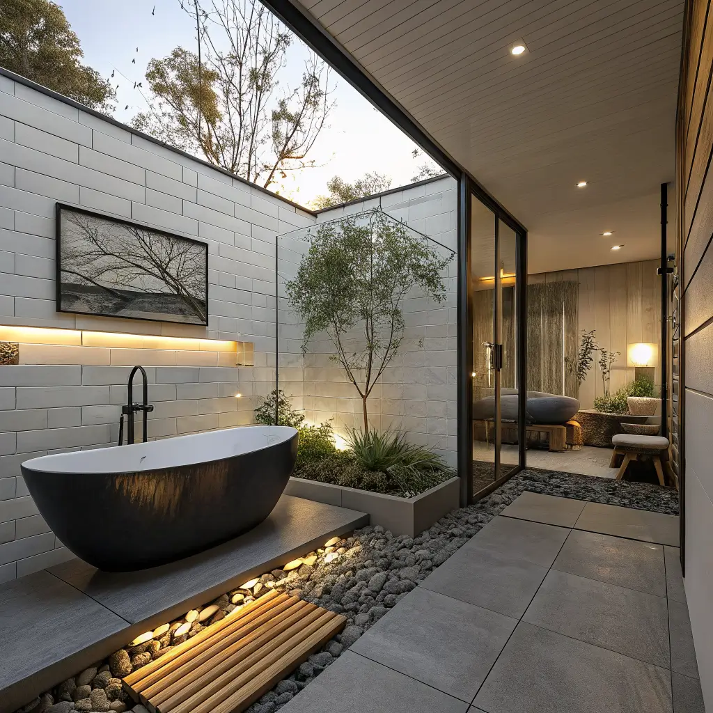 Photorealistic zen-futuristic bathroom with river-stone floor, bamboo bench, matte charcoal soaking tub glowing amber, hidden tech cabinets, and frameless glass shower.