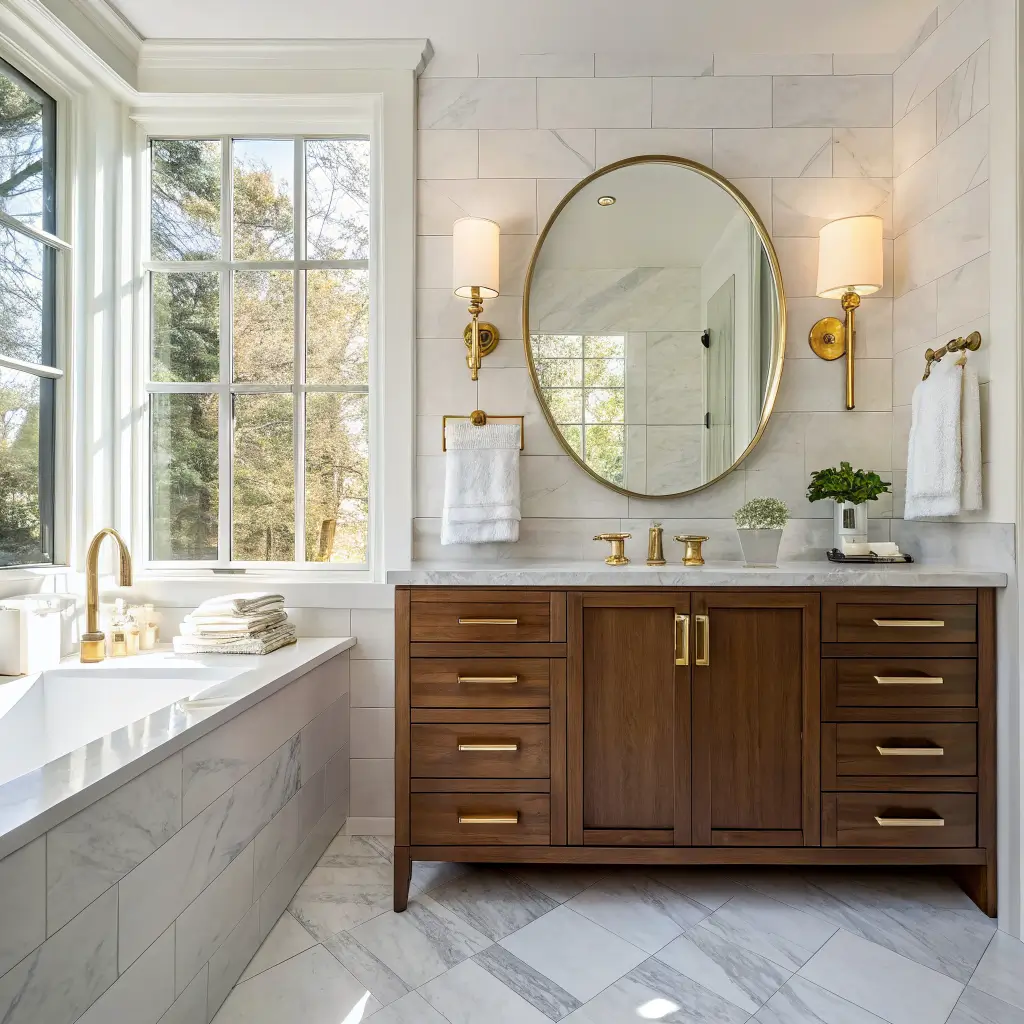 Modern classic bathroom at golden hour with Carrara marble floor, floating walnut vanity, brass faucet and round mirror, twin brass sconces, ivory towels, and matte black shower frame in warm sunlight.
