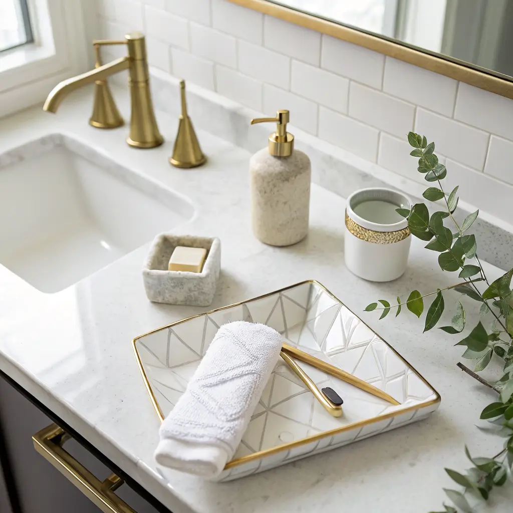 Overhead flat lay of a white quartz bathroom counter with brass soap dispenser, marble tray with brass cup, folded white towel with gold trim, eucalyptus in brass vase, and brass towel ring on subway tile.