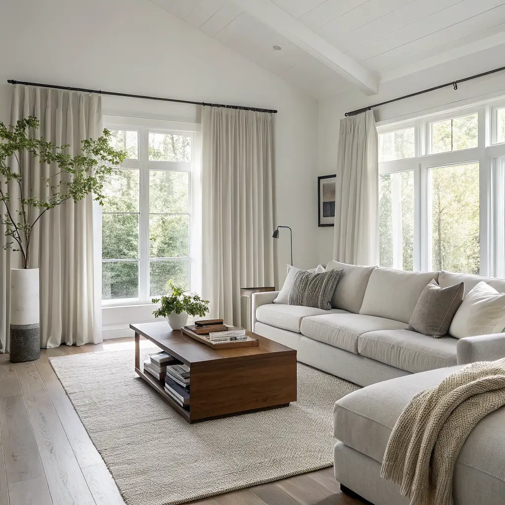 Modern minimalist living room with soft morning light through gray linen curtains, wet-slate gray boucle sectional, walnut coffee table with eucalyptus and books, layered jute and wool rugs, and brass floor lamp on light oak floors.