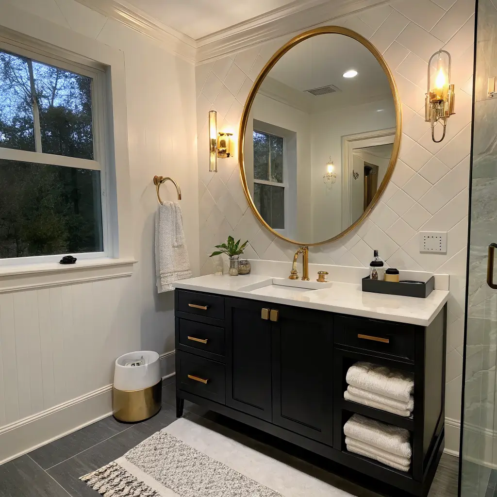 Photorealistic dusk bathroom with matte black floating vanity, round brass mirror with warm sconces, brass faucet, white hex tile floor, and brass accessories.