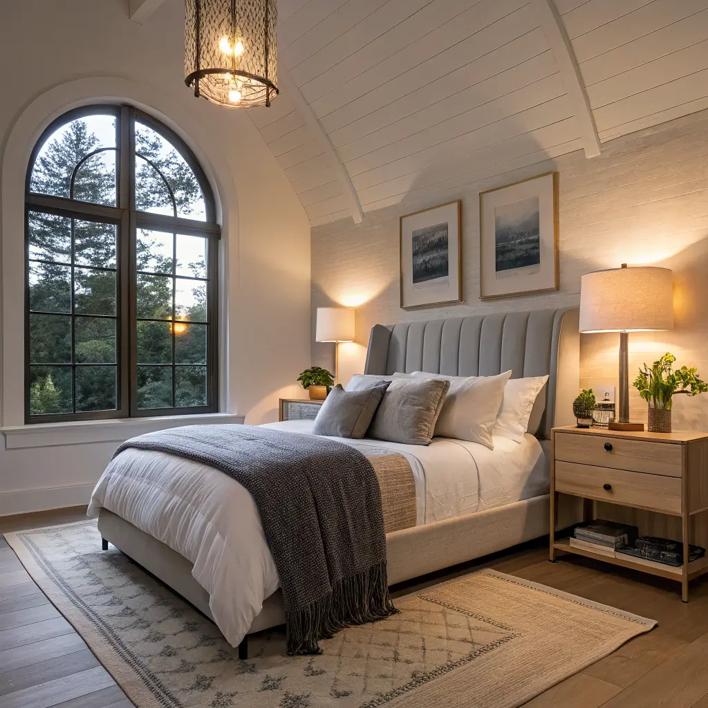 Scandi-inspired bedroom at dusk with warm bedside lamps, arched window, queen bed in white linen and grey accents, and light oak nightstands in a symmetrical hotel-like scene.