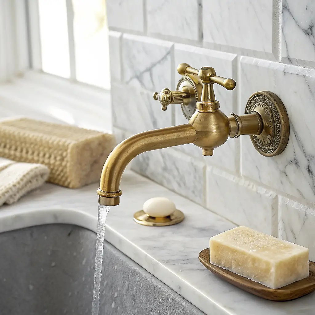 Close-up of a brushed brass wall-mounted faucet and matching drain on white Carrara marble, with water beads on the warm-gold finish and a soap ledge holding cream artisan soap.