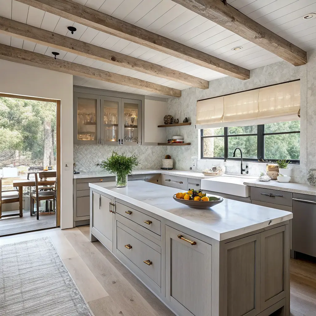 Organic modern kitchen with grey flat-panel cabinets, quartzite counters and backsplash, light oak island with boucle stools, brass pulls, and oak floors in soft north daylight.