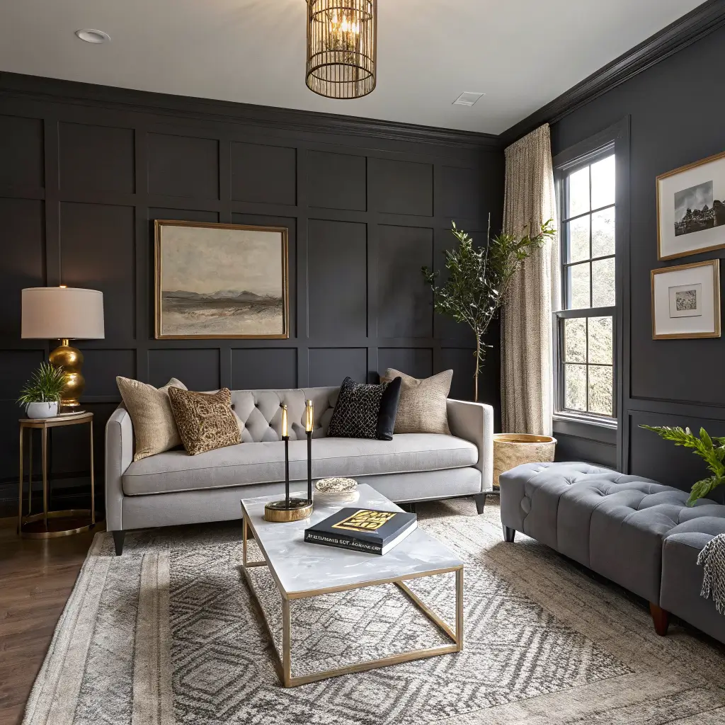 Contemporary luxe living room with matte charcoal accent wall, mid-grey velvet sofa, kilim runner over wool rug, walnut coffee table, brass arc lamp, and warm picture light over abstract art.
