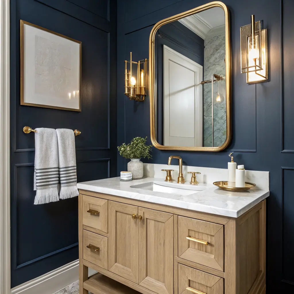 Moody navy powder room with floating white oak vanity, white marble top and hex tile floor, brass mirror and sconce, warm candlelit evening glow.