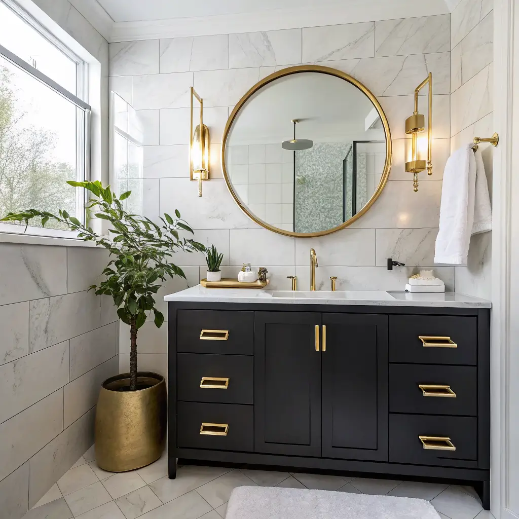 Vertical layered brass accents in a small bathroom: black vanity with brass pulls, brass faucet and tray on marble counter, round brass mirror, and brass three-bulb light above white subway tile walls.