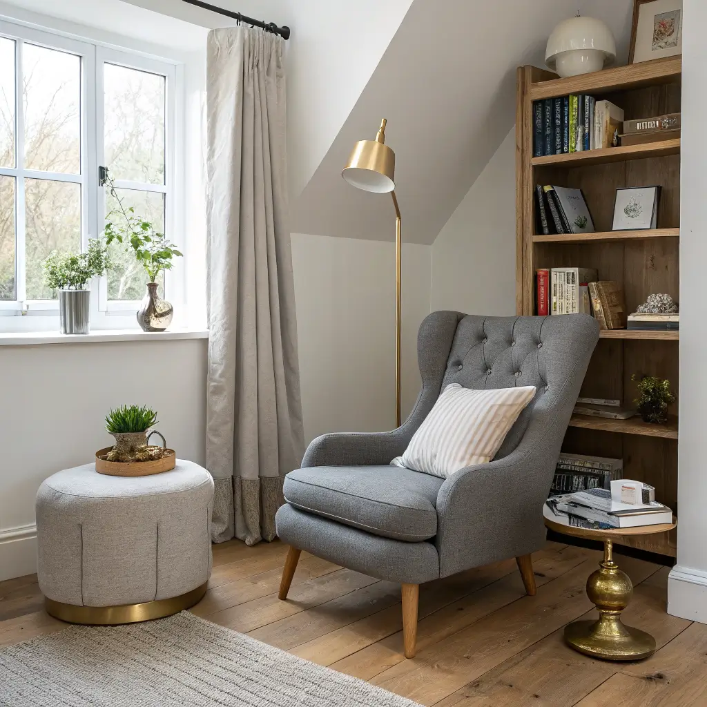 Warm white reading corner with oak floor, grey wool armchair, built-in oak bookshelf, brass floor lamp, tan leather pouf, walnut side table with mug and book, and oatmeal rug in soft 4pm light.