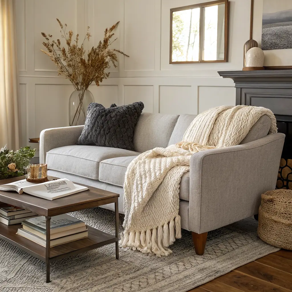 Close-up of a grey boucle sectional with cable-knit throw and linen and velvet pillows, lit by golden-hour sunlight, with a walnut coffee table holding pampas, art books, and a brass candle on layered jute and wool rugs.