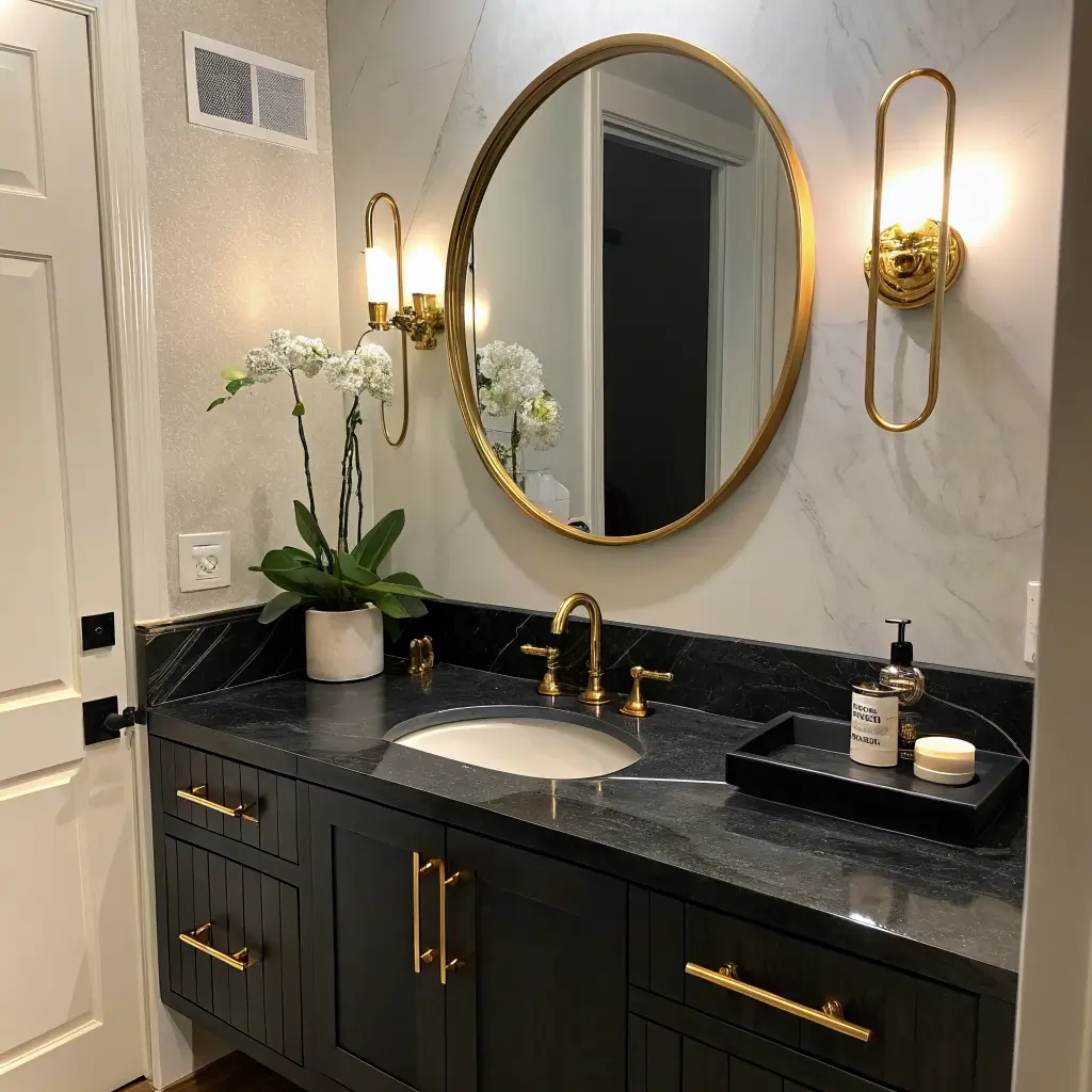 High-contrast powder room with matte black vanity, brass faucet and round mirror, flanking brass sconces, white orchid on black soapstone, and black-and-white checkerboard marble floor.
