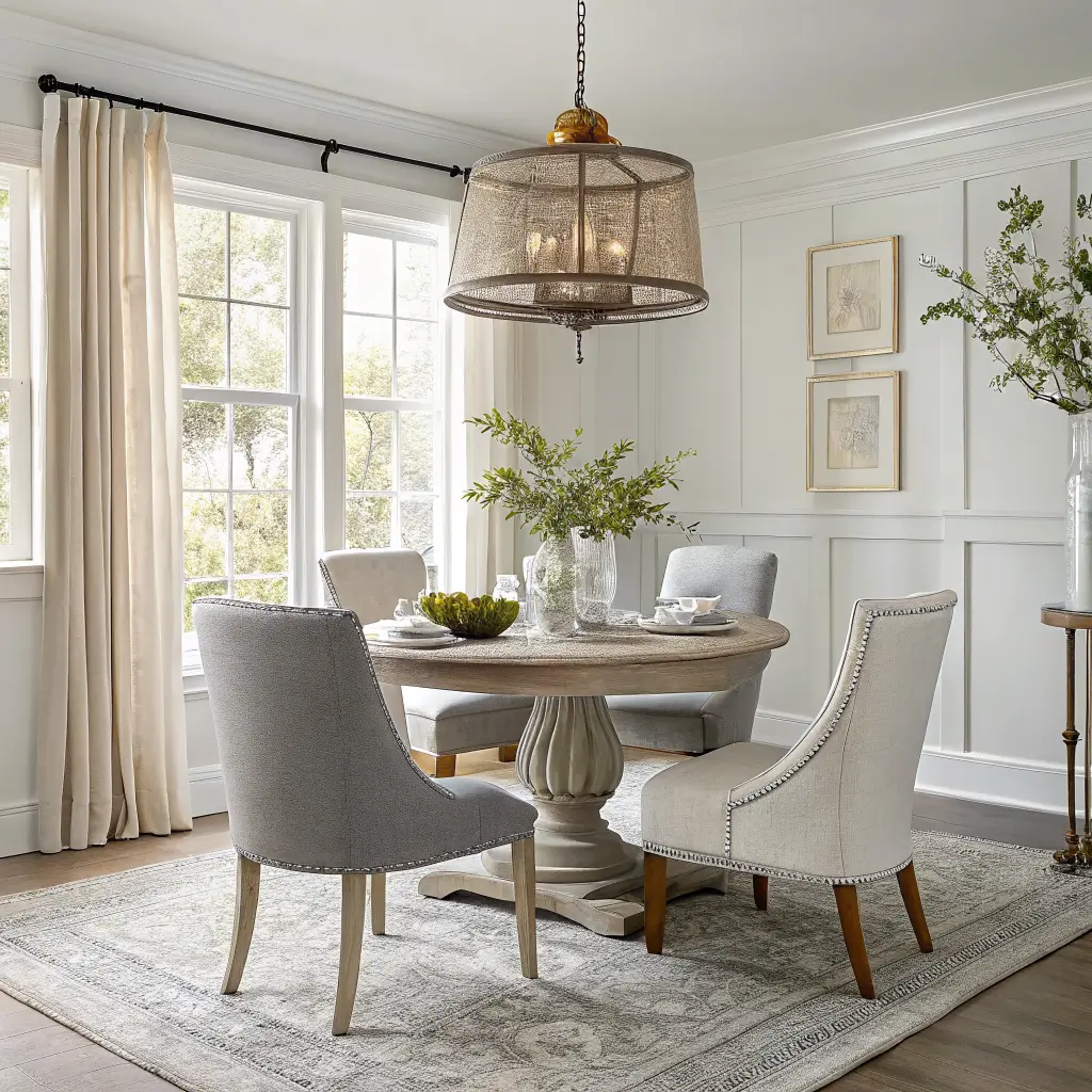 Grey and white dining nook with round oak pedestal table, four pale slate boucle chairs, brass pendant light, Persian rug, and oak sideboard lit by warm daylight through linen curtains.