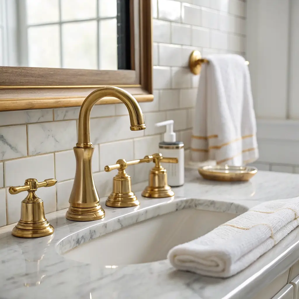 Close-up of a brushed brass widespread faucet on a Carrara marble vanity, with a blurred brass-framed mirror, white subway tile, and a folded white towel with gold trim.