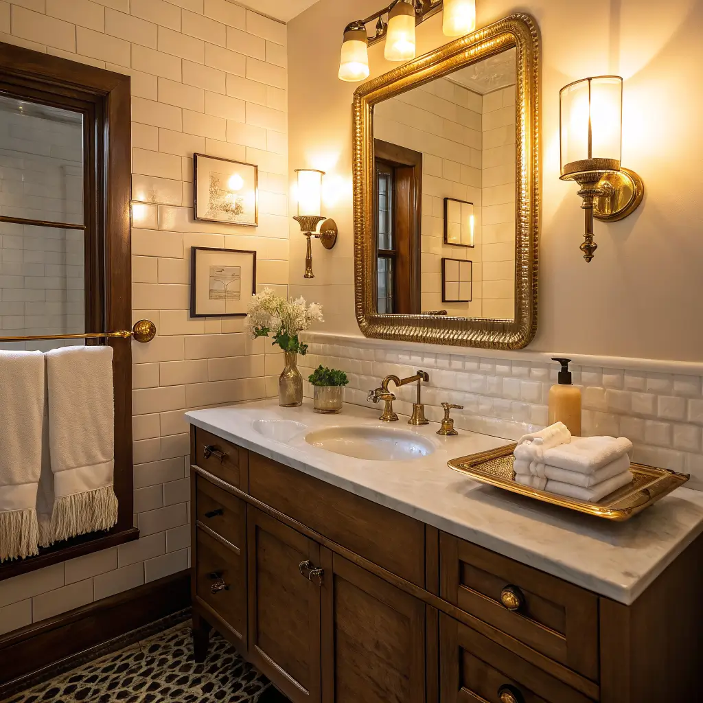 Warm twilight-lit 6x8 bathroom with amber brass sconces flanking a round mirror, brass faucet on marble counter, beeswax candle, walnut shelf with white towels, and matte black hex tile floor.