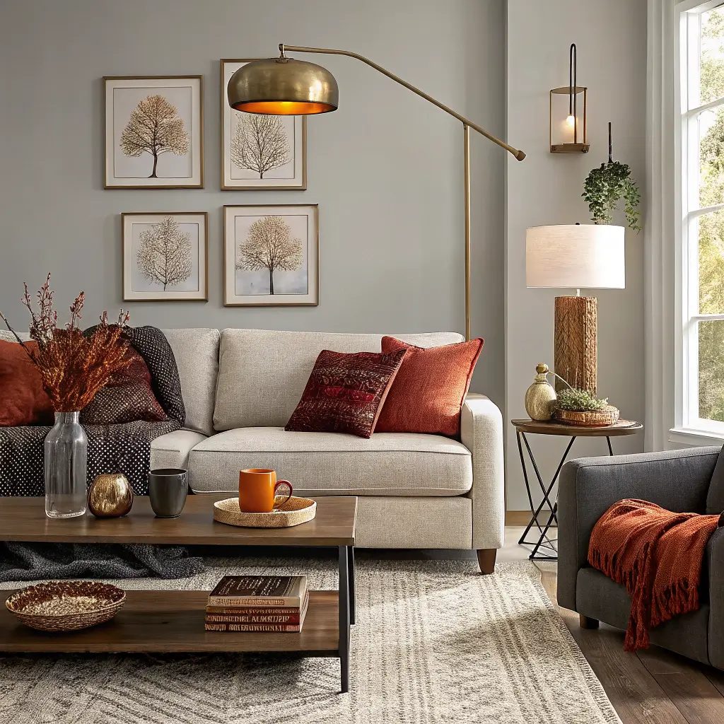 Cozy small autumn-styled living room with mid-grey boucle sofa, rust and plum pillows, charcoal throw, walnut coffee table with dried wheat, layered jute and kilim rugs, and warm glowing lamps at dusk.