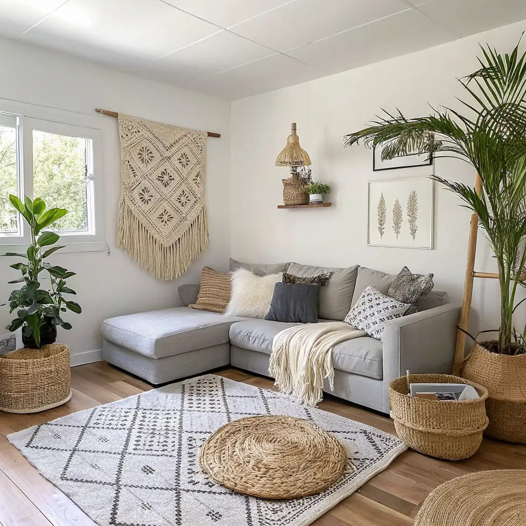 Boho grey-and-white living room with macrame wall hanging, grey linen sofa with textured pillows, layered jute and kilim rugs, oak coffee table with pampas grass, rattan pendant light, and olive tree in terracotta pot.