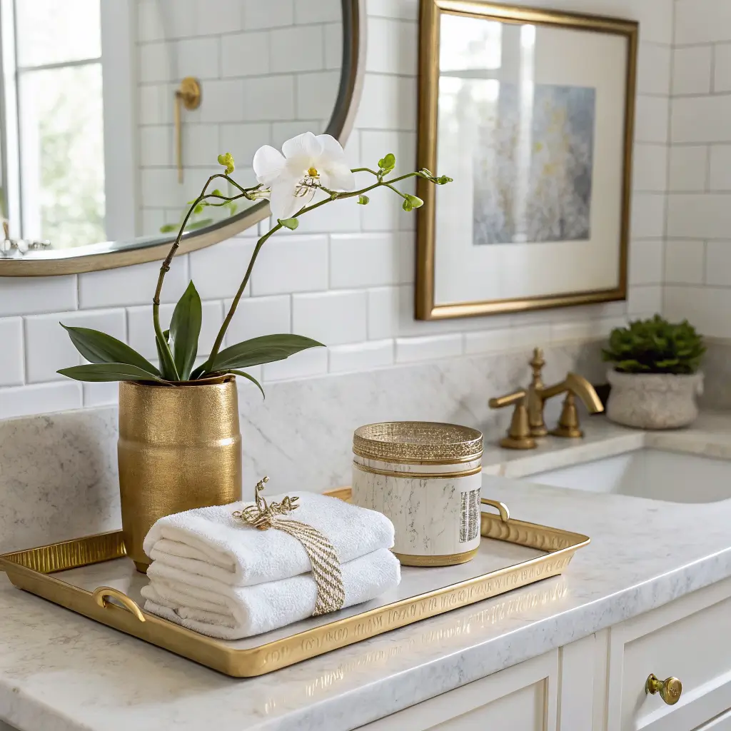 Bright spring bathroom vanity corner with white marble counter, brass tray holding orchid and eucalyptus, folded white towels with gold trim, and a botanical print beside a brass-framed mirror.