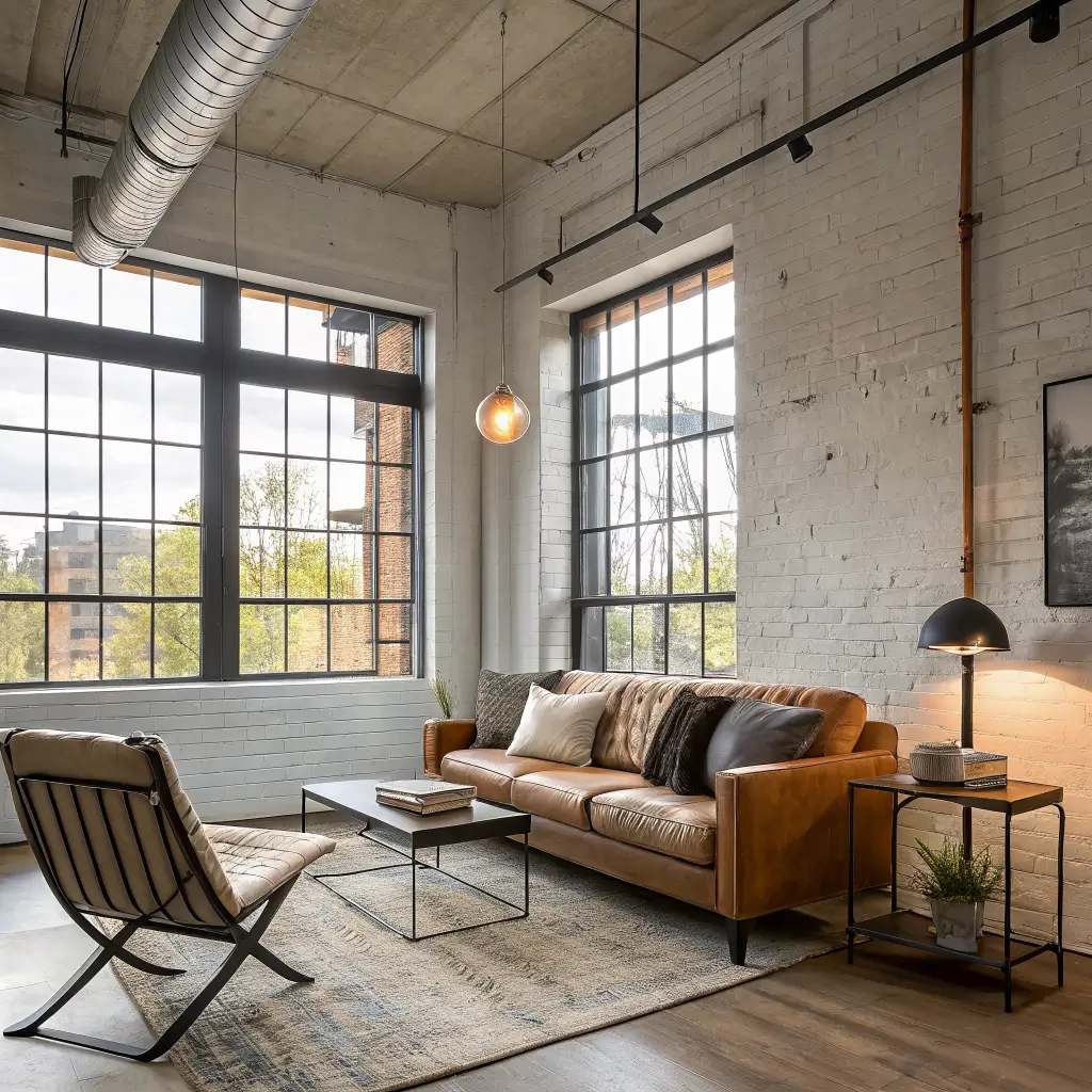 Industrial loft living area with warm evening light, concrete accent wall, grey linen sofa, tan leather chair, walnut-and-steel coffee table, and black metal pendant with glowing Edison bulb.