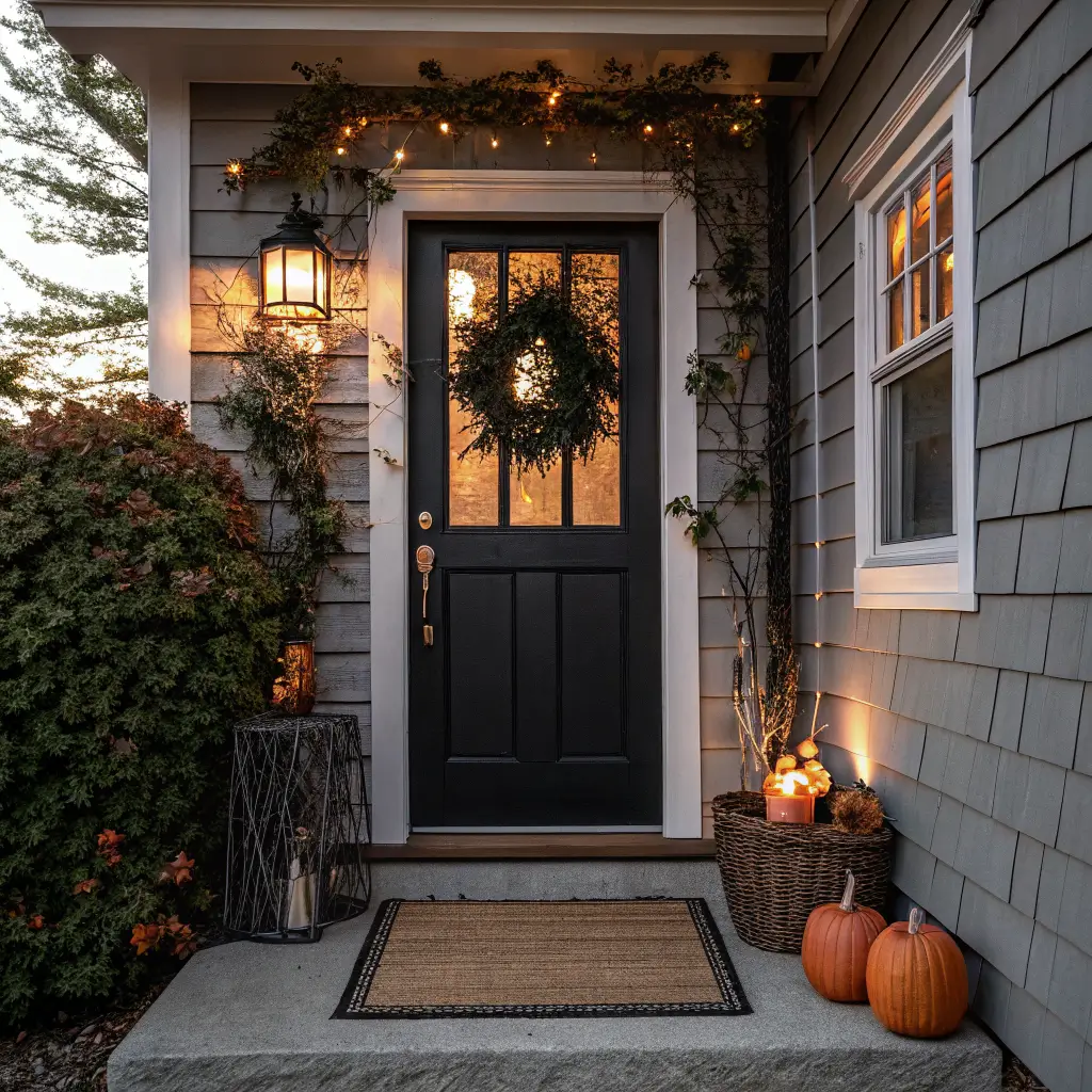 Moody craftsman front porch at dusk with matte black door, black wreath with orange lights and snakes, brass sconce glow, pink ceramic pumpkin, and jute mat.