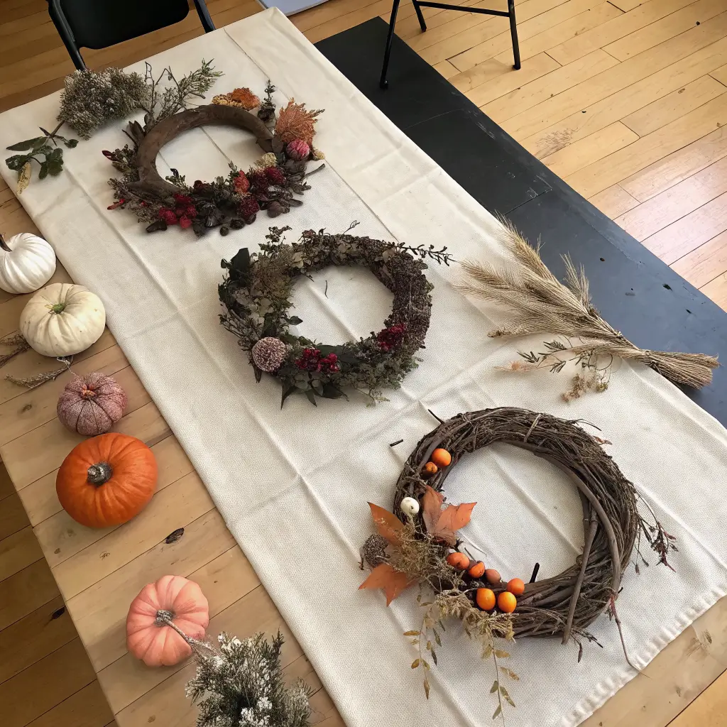Overhead flat-lay of five completed Halloween wreaths on a linen-covered table in a sunlit studio, featuring black ivy-and-snake, boho pampas with bats, rustic twigs with velvet pumpkins, orange-lime deco mesh with googly eyes, and a Day of the Dead sugar skull with hot pink roses.