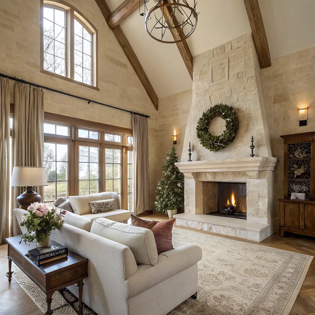 Wide living room with vaulted ceilings and a floor-to-ceiling limestone fireplace, three wreaths for scale, taupe boucle sofa, and soft fall light through sheer curtains.