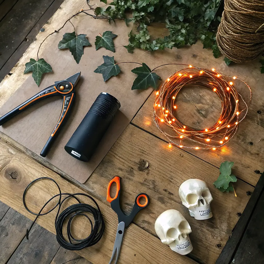 Overhead flat-lay of DIY Halloween wreath supplies on a reclaimed oak workbench, including grapevine base, matte black spray paint, faux black ivy, orange fairy lights, rubber snakes, floral wire tools, resin skulls, and burnt orange ribbon.