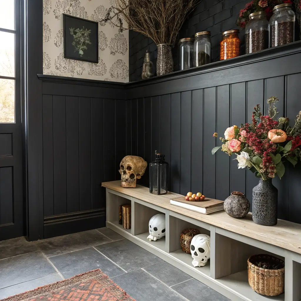Moody designer mudroom still life with matte black wainscoting and concrete floor, white oak shelf holding paint chips, dried berries, ceramic skulls, dried roses, eucalyptus, and black wire in side-lit afternoon shadows.