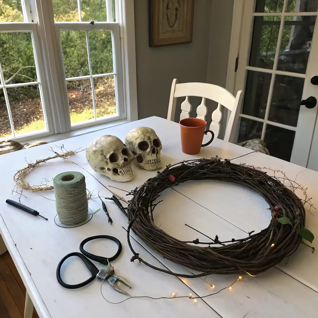 Half-finished matte black grapevine wreath on a whitewashed farmhouse table, with black ivy, small bone skulls, rubber snakes, fairy lights, and tools in sunlit dining room.