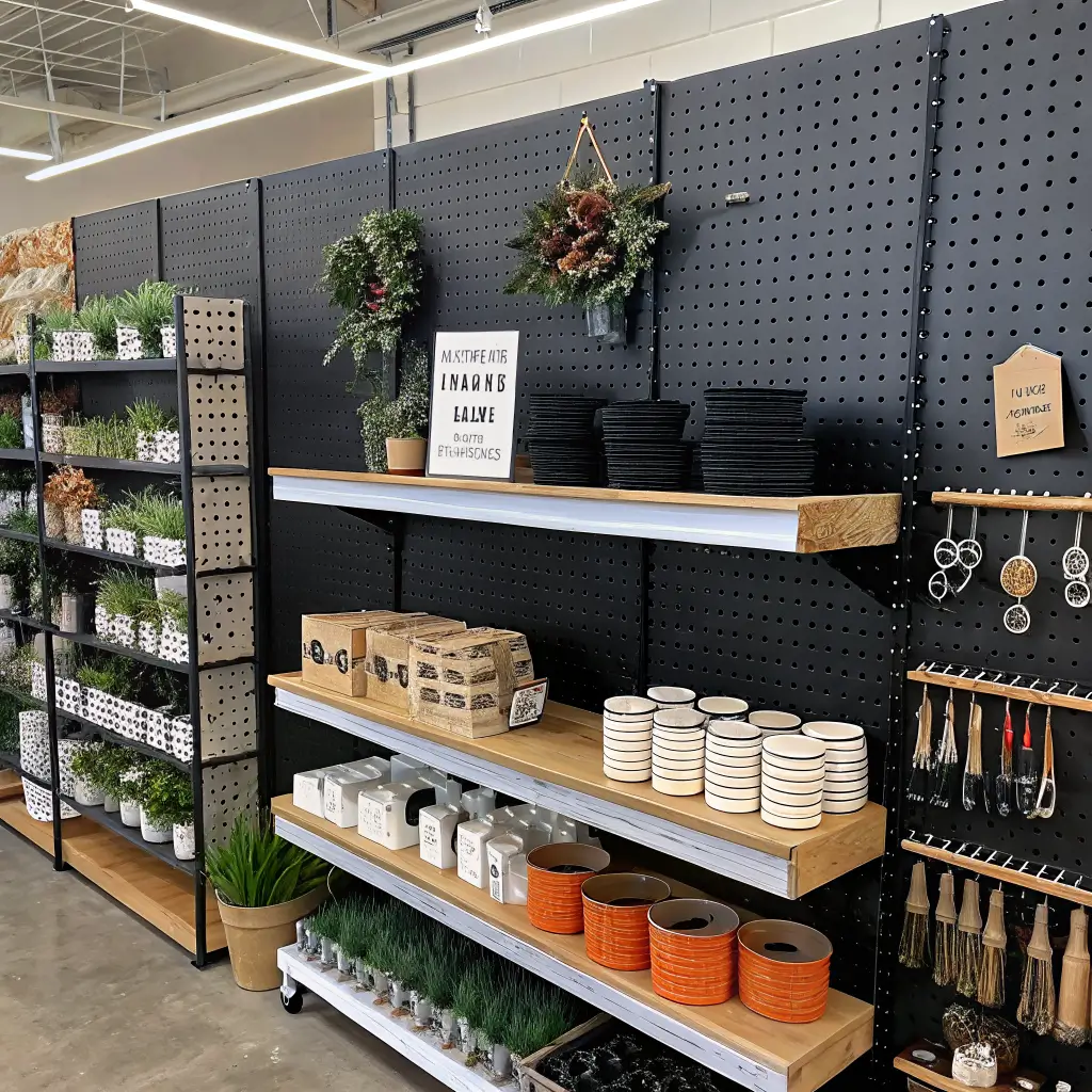 Boutique home store corner shelf display with matte black pegboard and white oak shelves showing premium wreath supplies (grapevine base, cutters, floral wire, faux black ivy) beside budget Halloween items (skulls, bats, spiders, ribbon scraps, fairy lights) and a burnt orange linen tag.