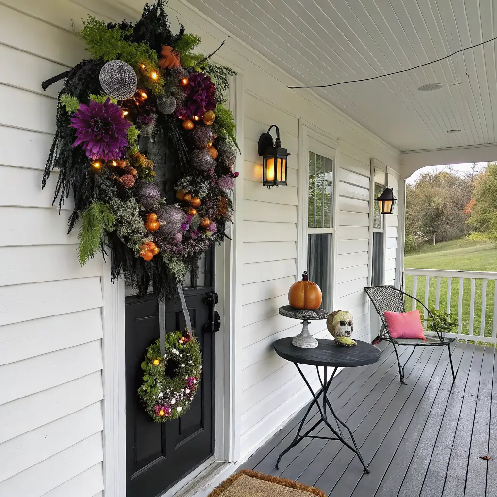 Two wreaths on a farmhouse porch table: an overcrowded multicolor wreath beside a minimal matte black wreath with skull and orange lights, with a dusty pink pumpkin and linen runner.