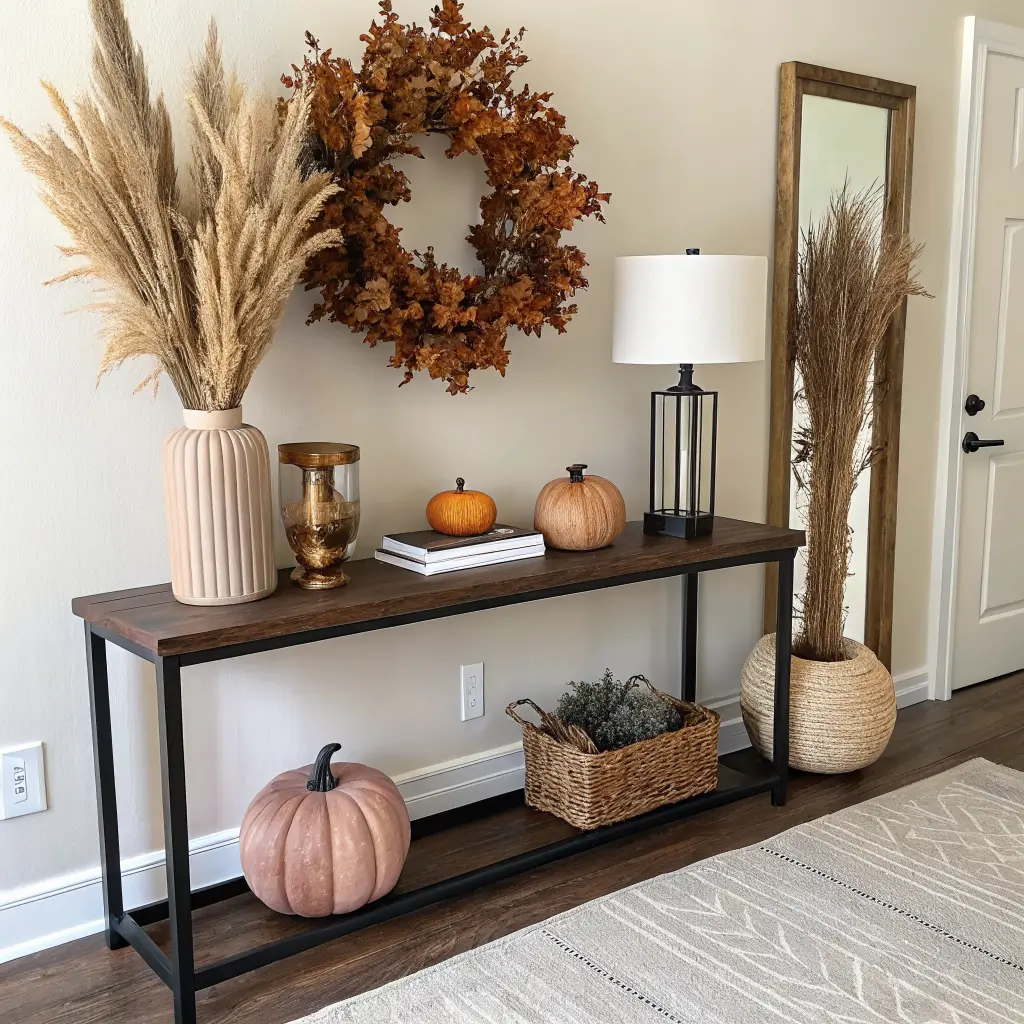 Cozy fall entryway with a matte black walnut console table, pampas arrangement, mini velvet pumpkins, warm brass lamp, and a grapevine wreath on an ivory plaster wall.