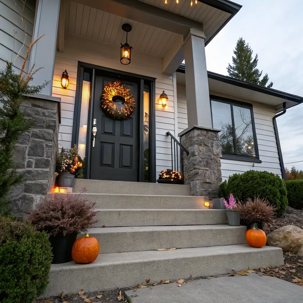 Dusk exterior hero shot of a modern craftsman’s matte black front door with a glowing orange-lit goth wreath, skull accents, black planters with pampas, a dusty pink pumpkin on the step, and a jute doormat.