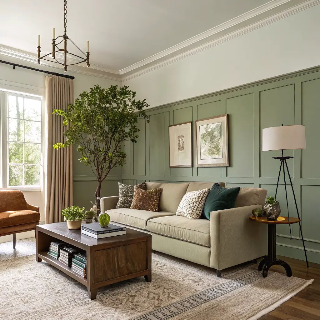 Photorealistic living room with Card Room Green accent wall, olive linen sofa, walnut coffee table, rubber tree, and warm brass lighting at golden hour.