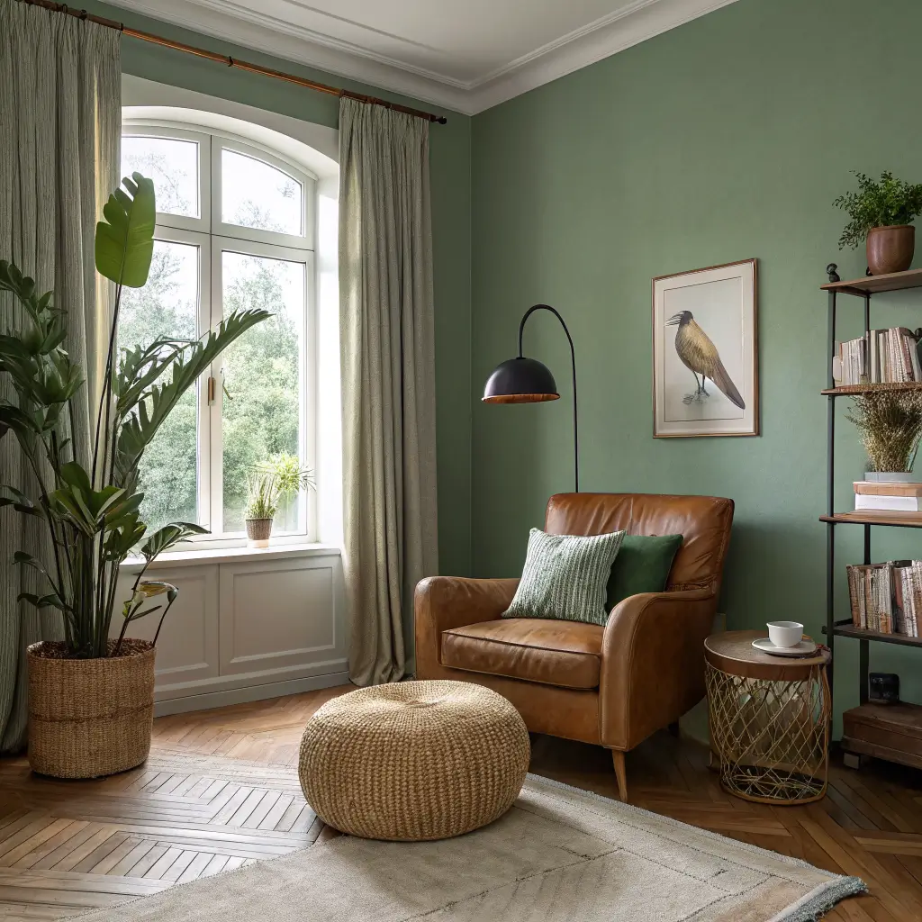 Photorealistic cozy 12x12 sitting room with sage walls, oak herringbone floor, linen-curtained window, caramel leather chair, olive loveseat, jute pouf, bird of paradise plant, and oak side table with mug and open book.