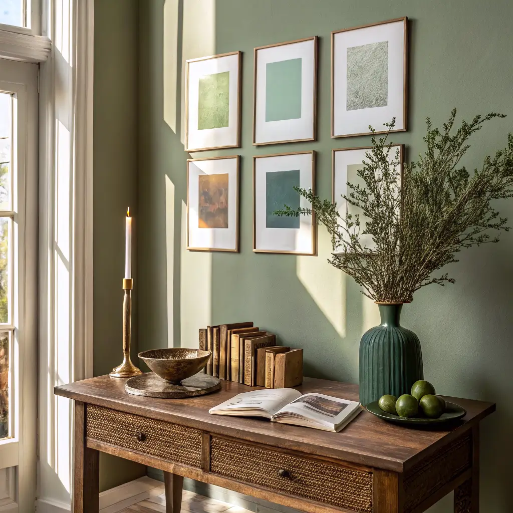 Still life on a walnut console with green paint swatches, brass tray, black candlestick, olive branch vase, and design books in warm late-afternoon sunlight.
