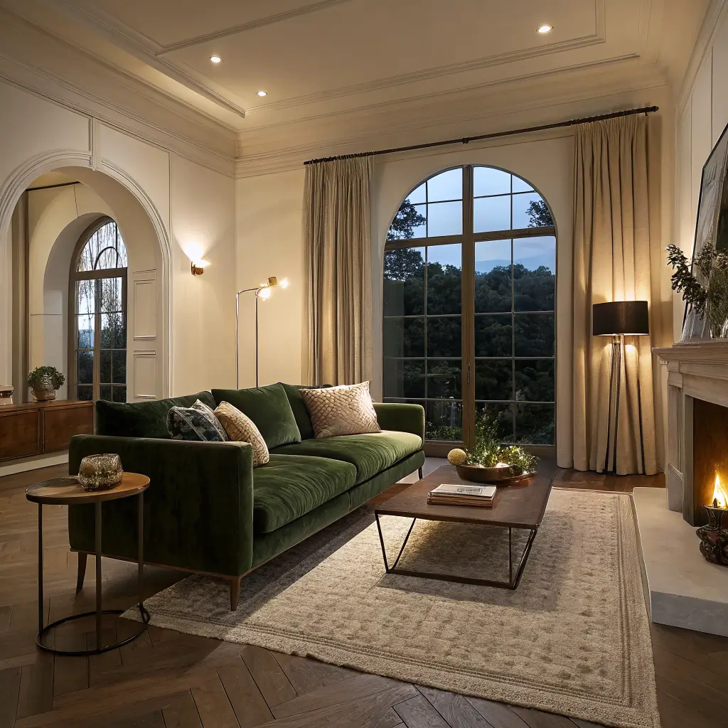 Photorealistic dusk living room with deep olive velvet three-seater on a 9x12 rug, walnut coffee table with pears and brass lamp, arched window with sheer curtains, and a fiddle-leaf fig.