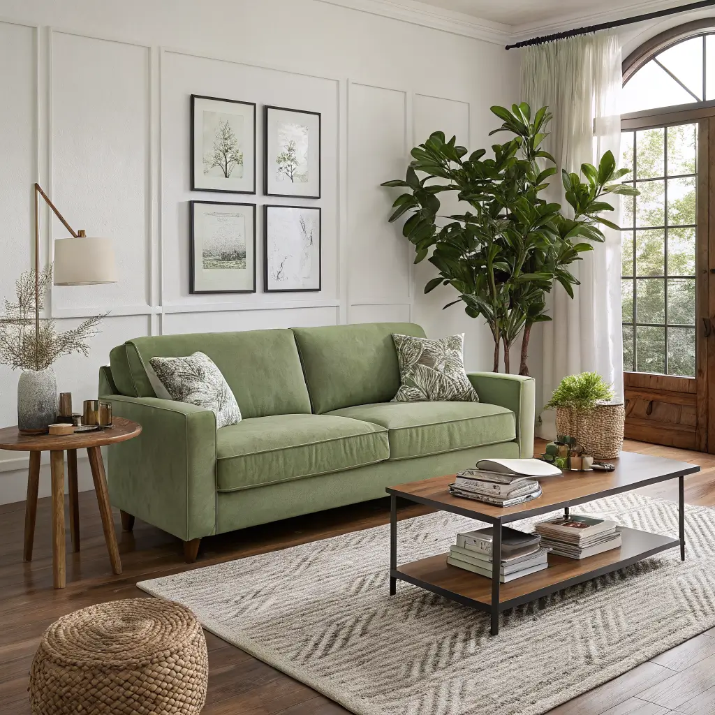 Photorealistic living room with layered green accents: sage walls, olive sofa, moss and pale cushions, deep green vase, monstera plant, jute rug, walnut table, and brass arc lamp in soft afternoon light.